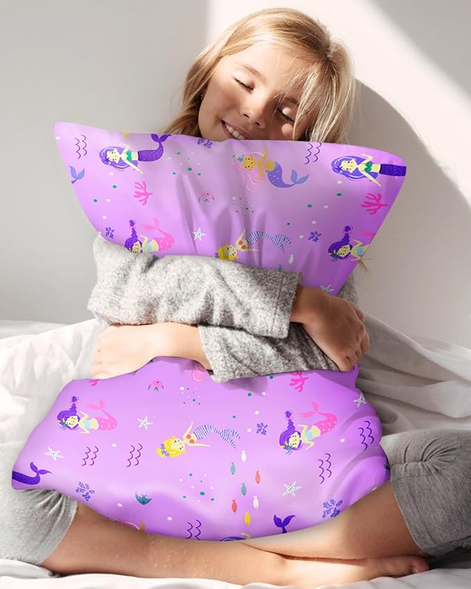 Silk Pillowcase for Kids - 30 x 20 Inches Queen Size Mulberry Silk Pillow Case with Zipper Cute Cartoon Kawaii Teens Girls Boys Pillowcase for Hair and Skin, Purple Hair Mermaid