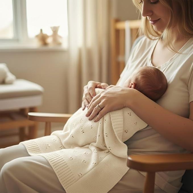 Baby Knit Blanket, 100% Cotton Eyelet Patterns, Soft, Cozy, Lightweight Swaddle for Newborn & Infant Swaddling Beige Neutral, Perfect Baby Shower Ideas Cream 30x30