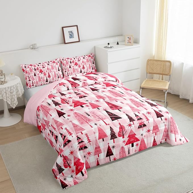 Manfei Cartoon Tree Comforter Set Twin Size, Christmas Theme Bedding Set 2pcs for Kids Girls Adults Bedroom Decor, New Year Pink Plaid Down Comforter Soft Polyester Quilt Set with 1 Pillowcase