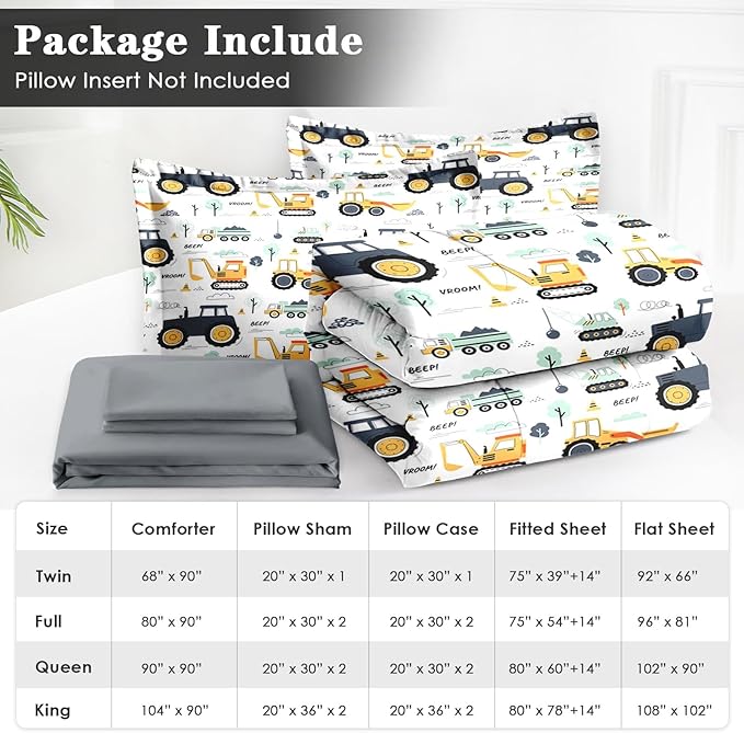 5 Pcs Twin Size Comforter Set with Pillowcase & Sham, Tractor Bedding for Kids and Adults, Construction Truck Bedding Set with Flat & Fitted Sheet