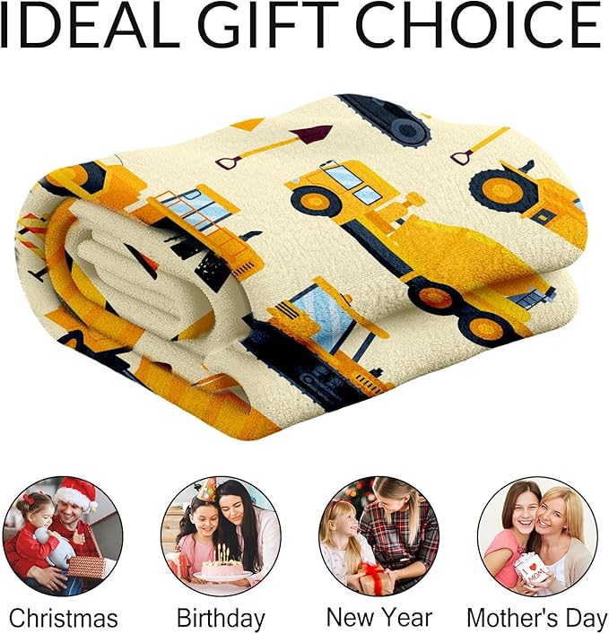 Personalized Construction Throw Blanket for Boys - 60" x 80" Inches Construction Throws Gift - Yellow Lightweight Fuzzy Blanket for Bed, Couch, Travel