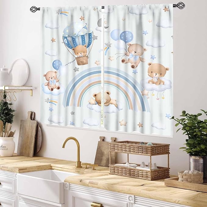 Bear Curtains for Kids Room, Baby Boys Girls Cute Lovely Bear Cloud Boho Rainbow Pastel Blue Window Drapery Treatments for Living Room Bedroom Nursey Toddler Classroom 2 Panels, 55x39 Inch