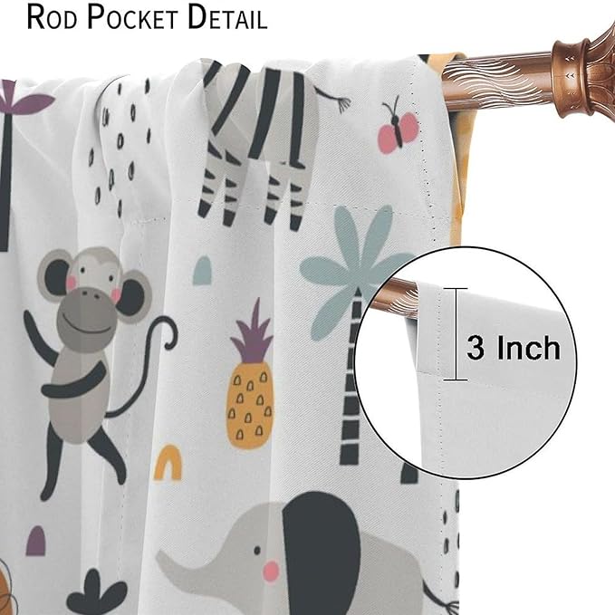 Cute Cartoon Animals Curtains Tropical Jungle Animals Elephant Giraffe Monkey Lion Modern Abstract Aesthetics for Kids Boys Bedroom Nursery Rod Pocket Decoration Window Drapes 2 Panels W31.5xL72in