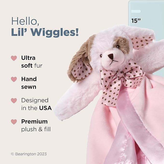 Bearington Baby Wiggles Snuggler - 15" Pink Puppy Lovey Security Blanket with Satin Trim and Plush Dog Design - Soft Lovie for Babies and Baby Security Blankets Gift for Girls and Newborns