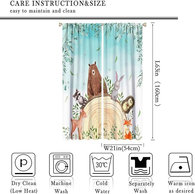 Kids Forest Animal Curtains, Woodland Animal Window Treatments Fox Deer Bunny Wildlife Safari Jungle Bear Farmhouse Window Drapes for Girls Boys Nursery Bedroom 42x63in