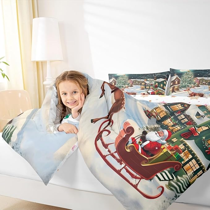 Feelyou Christmas Kids Comforter Set Toddler Size Santa Claus Bedding Set Reindeer Sled Duvet Quilt for Kids Boys Girls Bedroom Xmas Tree Decor Microfiber Ultra Soft Breathable