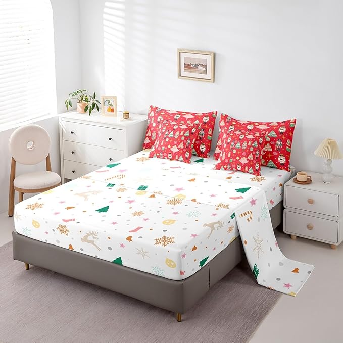 Erosebridal 7Pcs Red Christmas Comforter Set Twin Size,Christmas Nutcracker Bedding Set,Girly Dreamy Princess Bed in A Bag,Xmas Pine Tree Snowflake Quilt with Flat Fitted Sheet,Red