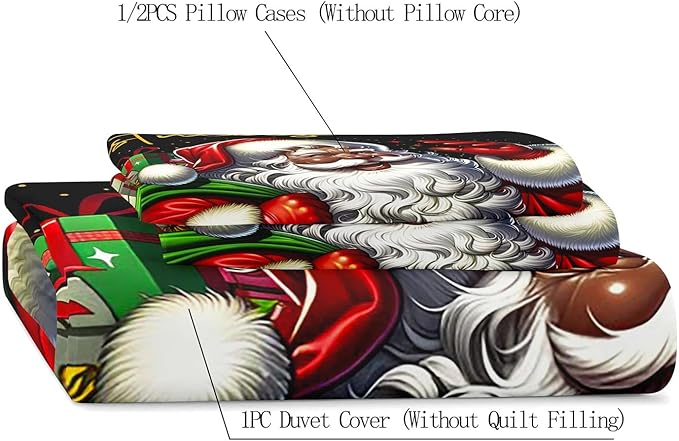 LUVIVIHOME 3PCS Black Santa Claus Duvet Cover King Bedding Set, Christmas Bedding, Holiday Xmas Gifts Black Comforter Quilt Cover, African American Christmas Decorations, Bed in a Bag, 2 Pillow Shams