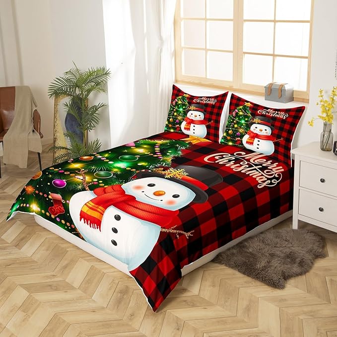 Manfei Christmas Duvet Cover Set Queen Size, Snowman Christmas Tree Comforter Cover with 2 Pillowcases, Red Plaid Grid Print Bedding Set 3pcs for Kids Boys Girls Room Decor,No Comforter