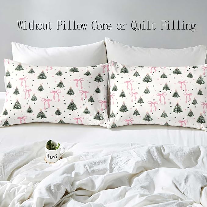 LUVIVIHOME 3PCS Pink Bow Christmas Tree Duvet Cover King Bedding Set, White Duvet Cover, Teen Girls Bedding, Winter Holiday Christmas Comforter Cover, Coquette Room Decor Aesthetic, 2 Pillow Shams