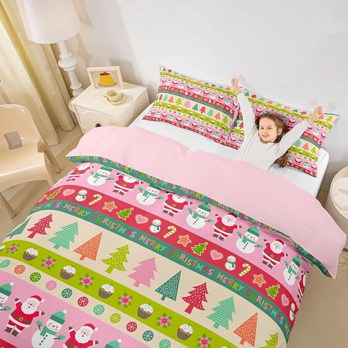 Cartoon Christmas Bedding Set for Kids Boys Girls Santa Claus Snowman Comforter Cover Set Pink Xmas Theme Duvet Cover Bedroom Decor Christmas Tree Bedspread Cover Twin Size Bedding Collection 2Pcs