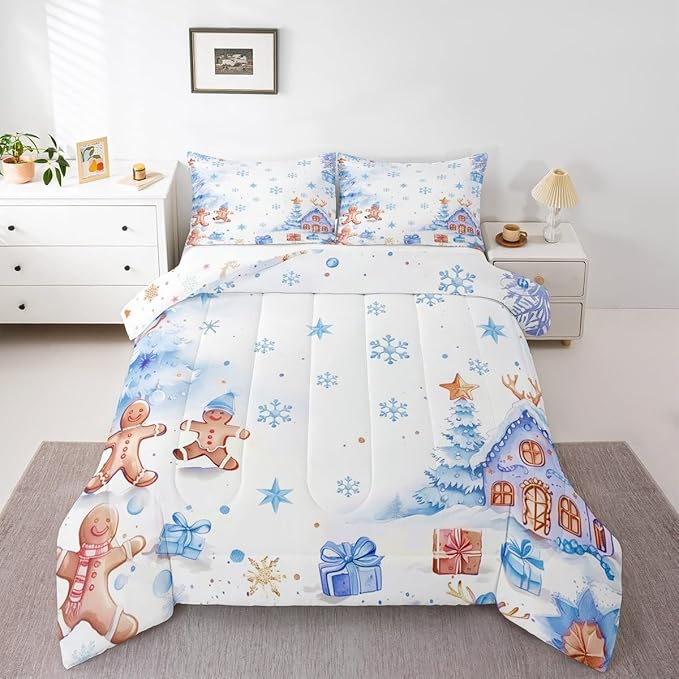 jejeloiu Kids Christmas Theme Comforter Set Queen Size Blue Xmas Gingerbread Man Bedding Set for Boys Girls Teens Candy House Snowflake Winter Happy New Year Duvet Quilt Room Decor