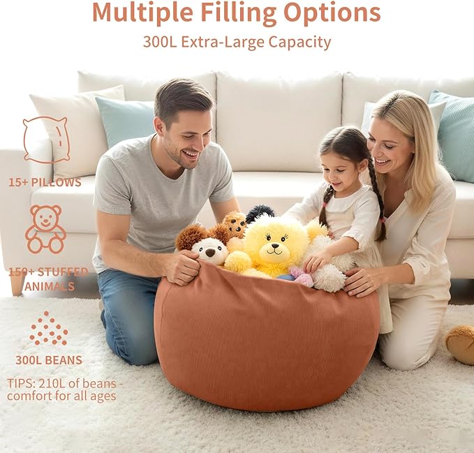 Nobildonna 3 ft Bean Bag Chair Cover (No Filler) 35"×43" Large Stuffed Animal Storage Bean Bag Washable Big Beanbag Chair Cover Premium Corduroy Bean Bag Cover for Adults,Kids,Sandy Brown 300L