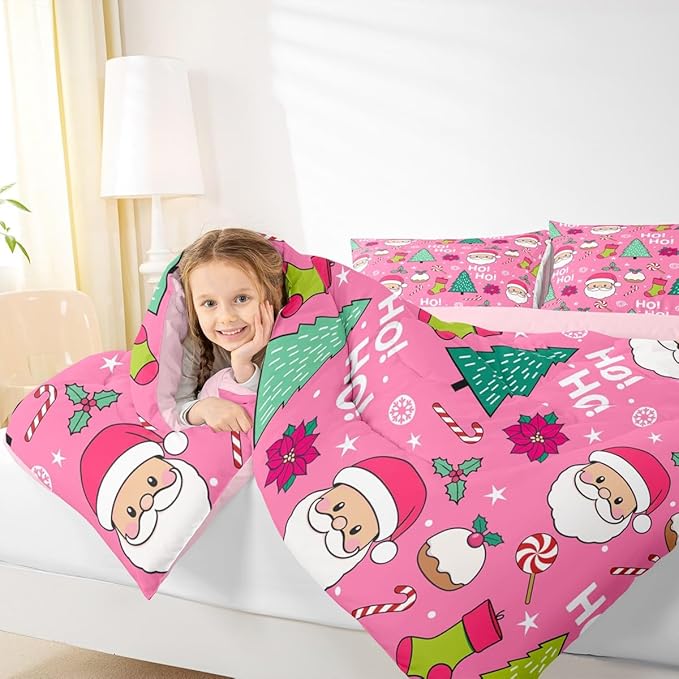 Feelyou Pink Merry Christmas Comforter Set All Season Santa Claus Bedding Set with 2 Pillow Cases Xmas Microfiber Kids King Bedclothes Happy New Year Bedroom Decor Duvet Quilt Soft Lightweight