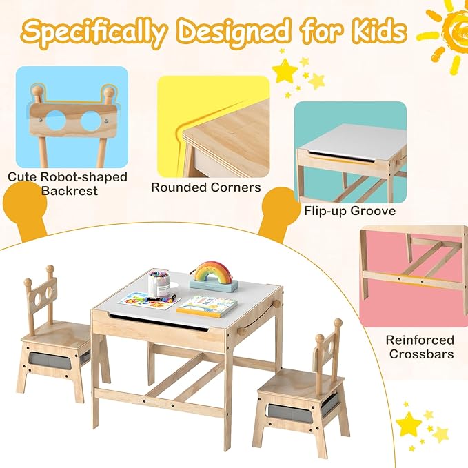 Costzon Kids Table and Chairs, 4 in 1 Wooden Activity Desk Set w/Reversible Whiteboard & Chalkboard, Hidden Storage Space and Drawers for Arts, Crafts, Play, Toddler Table and Chair Set (Alien Shape)