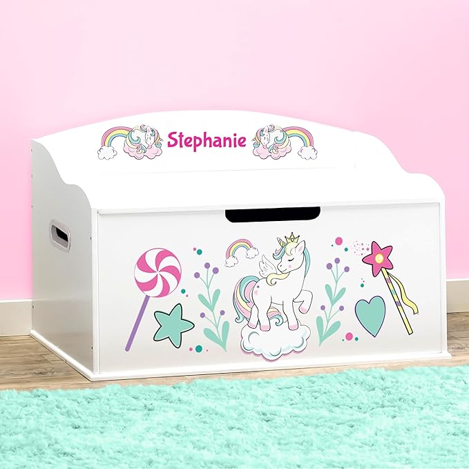 DIBSIES Personalized Creative Wonders Toy Box, Unicorns & Rainbows, 30 x 19.25 x 18 inches, Soft-Close Lid (White)