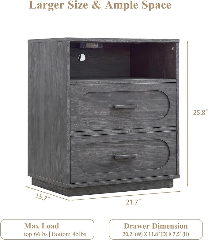 Grey Nightstand with Charging Station, Modern End Table with 2 Drawers Storage, Space-Saving Wood Storage Cabinet with Unique Base Design, Bedside Table for Bedroom, Living Room