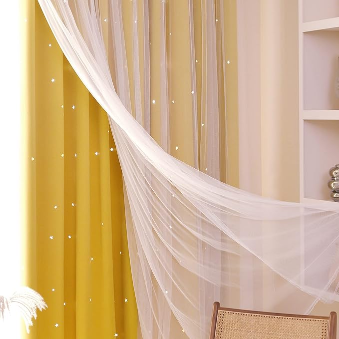 Kinryb Kids Blackout Curtains for Bedroom/Living Room/Classroom, Sheer Overlay 2 Panel Set, Double Layer Curtains with Star Cutout for Kids Room(Each Piece W 70 x L 95 Inches 2 Pcs Yellow)