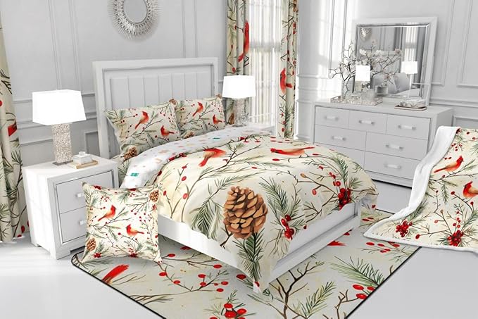 Feelyou Cardinal Bird Kids Comforter Set Toddler Size Pine Branch Bedding Set Red Berry Duvet Quilt for Kids Boys Girls Bedroom Pine Cone Decor Winter Christmas Pattern Ultra Soft Breathable