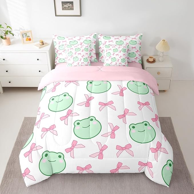 7 Pieces Pink Bowknot Comforter Set Twin,Cartoon Frog Bow Tie Butterfly Knot Princess Bedding Set,Geometric Patchwork Cute Sweet（Comforter+Fitted+Flat Sheet+2 Pillowcases+2 Throw Pillow Covers）