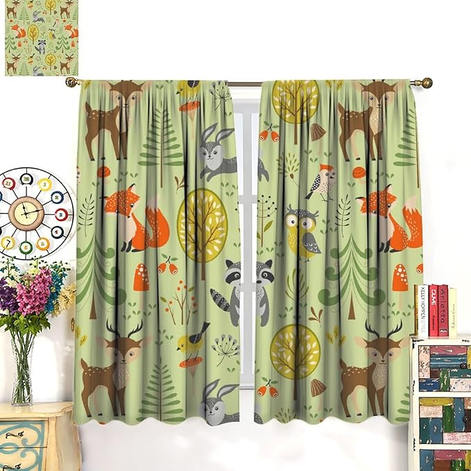 Cute Animals Curtains, Fox Bear Cartoon Wild Animals Window Treatments, Rod Pocket Thermal Insulated Drapes 2 Panel Sets for Kids Bedroom Nursery Classroom, 42" W X 45" L【Decor】