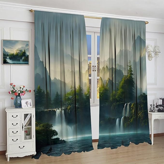 Landscape Theme Waterfall Blackout Curtains, Waterfall Mountains Jungle Printed Natural Scenery Window Drapes, for Bedroom Living Room 42" W X 54" L