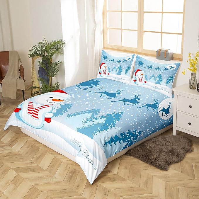 Manfei Snowman Duvet Cover Set Full Size, Xmas Deer Trees Print Comforter Cover with 2 Pillowcases, Winter Snowflake Merry Christmas Bedding Set 3pcs for Kids Boys Girls Bedroom Decor,No Comforter