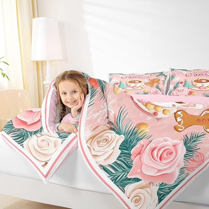 Feelyou Christmas Tree Comforter Set All Season Gingerbread Man Bedding Set with 2 Pillow Cases Merry Christmas Microfiber Kids King Bedclothes Xmas Bedroom Decor Duvet Quilt Soft Lightweight