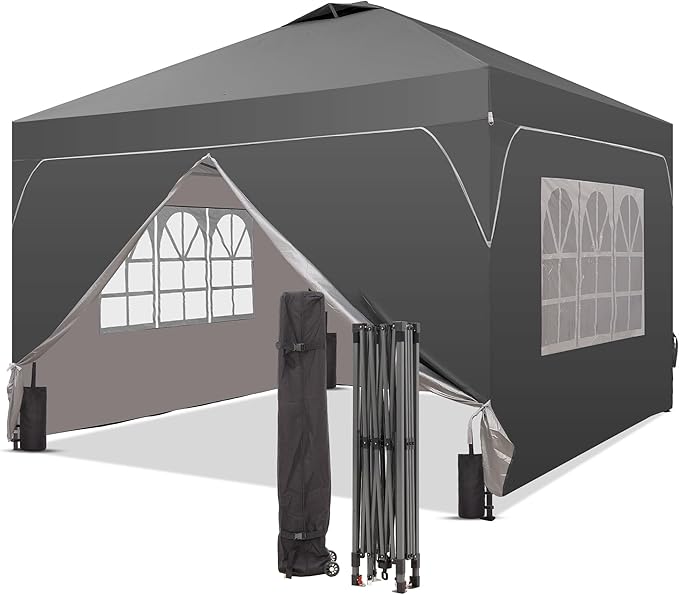 GDY 12x12FT Pop Up Canopy Tent with One Push Setup, Easy to Install with 4-Sidewalls for Events, Parties, Camping, Outdoor Gazebo with 4-Sandbags, Grey.