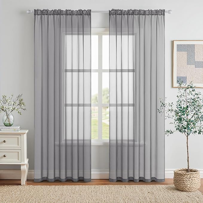 MIULEE 2 Panels Solid Color Sheer Window Curtains Elegant Window Voile Panels/Drapes/Treatment for Bedroom Living Room (54X90 Inches Charcoal Grey)