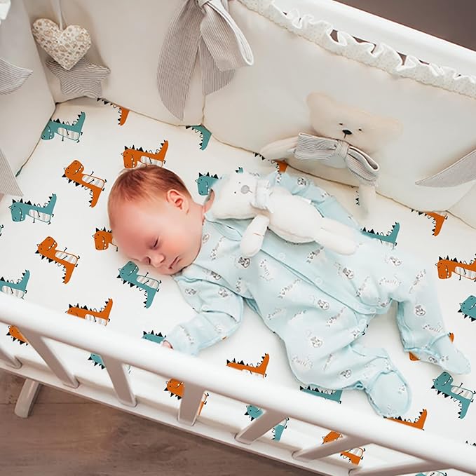Gllquen Baby Bassinet Sheets 4 Pack, Breathable Cozy Fitted Mattress Sheet, Elastic Travel Crib Fashionable Floral Pattern, Standard Cradle Safe Sheets for Baby Boys Girls 32"x16"(Dinosaur)