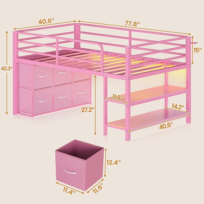 BTHFST Low Loft Bed Twin Size with 6 Storage Drawers, LED Lights, 2 Tier Storage Shelves, Kids Metal Loft Bed with 15" H Stairs & Safety Guardrail, Spave Saving, Pink