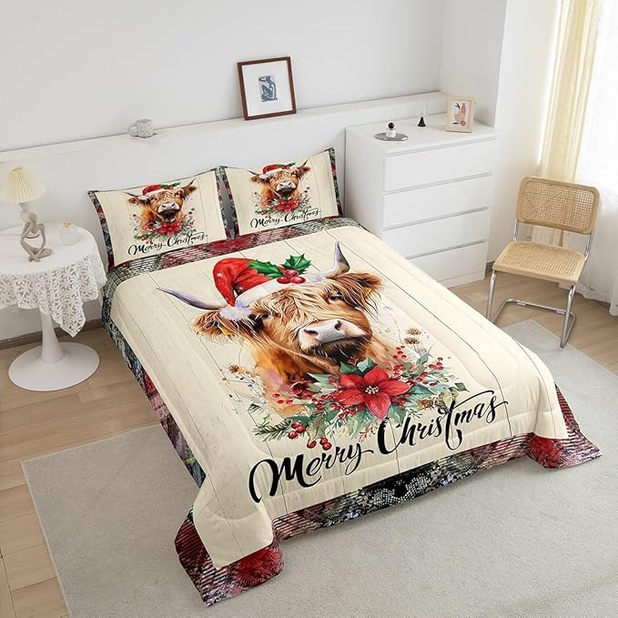 Castle Fairy Christmas Highland Cattle Comforter Set Toddler Size,Red Xmas Flowers Pine Trees Bedding Set for Kids Boys,Rustic Farm Western Animal Wooden Red Green Plaid Quilted Set with 1 Pillowcase