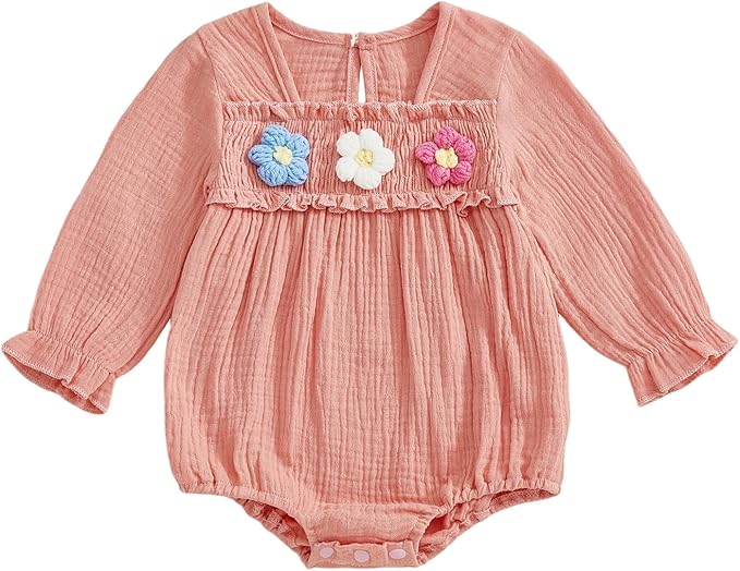 Gaono Newborn Baby Girl Smocked Bubble Romper Cute Boho Summer Clothes Ruffle Sleeveless Crochet Flower Vintage Bodysuit