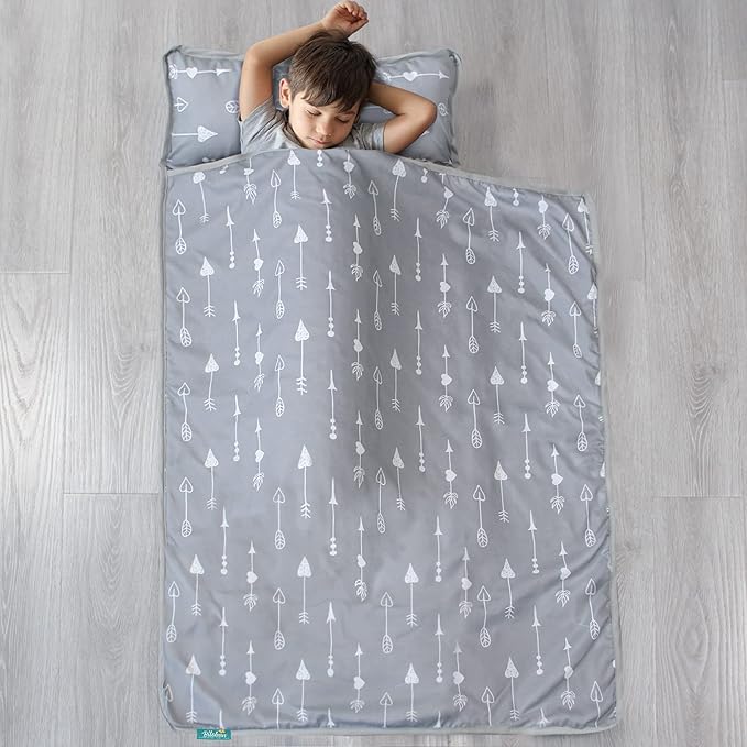 Biloban Nap Mat with Pillow and Blanket, Cot Nap Mats for Daycare Preschool Kindergarten, Portable Travel Sleeping Bag for Kids, Super Soft & Cozy, Grey Arrow, 50" x 21"