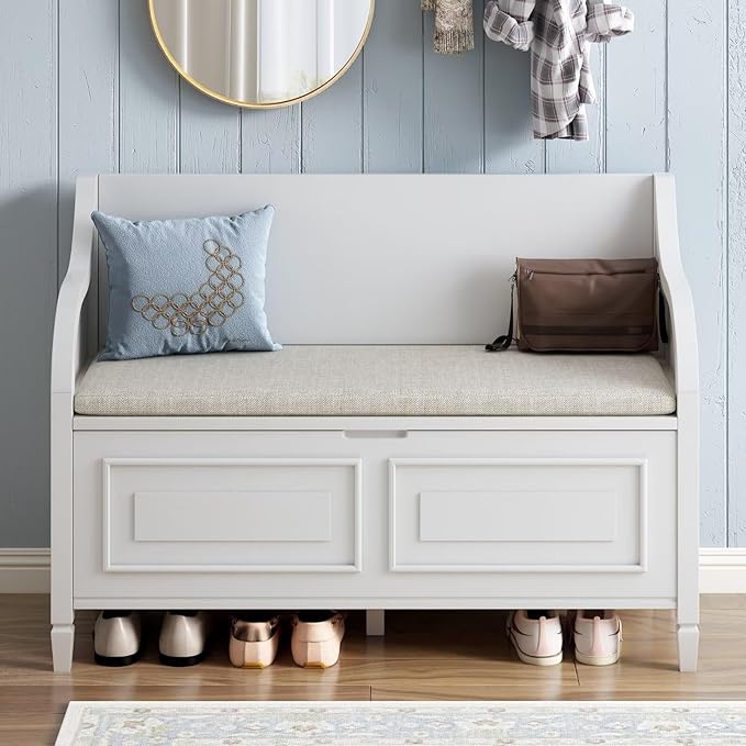 Merax Storage Bench, 41.9” Solid Wood Storage Chest with Backrest and Safety Hinge, Large Storage Space Bench with Upholstered Cushions,Supports 250 lb and Easy Assembly for Small Space, White