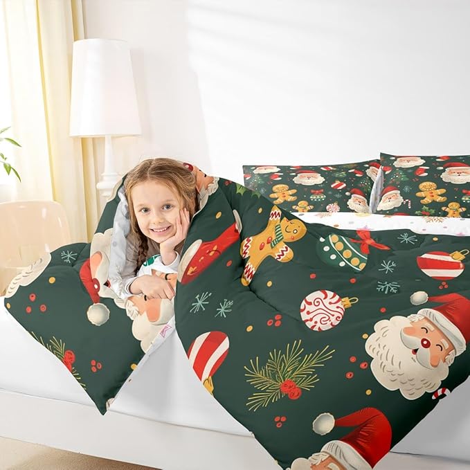 Feelyou Christmas Bedding Set Soft for Boys Girls, Santa Xmas Tree Comforter Set Queen Size Gingerbread Man Duvet Quilt Microfiber Snowflake Stockings Bedroom Decor 3 Pcs with 2 Pillow Cases