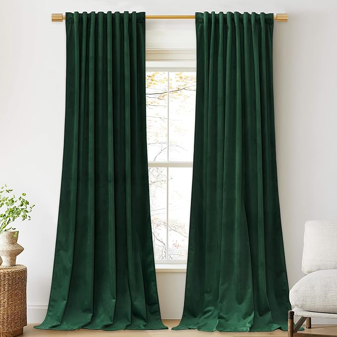 StangH Dark Green Velvet Curtains 2 Panels - 90 inches Skin Friendly Thermal Insulated Soft Velvet Fabric for Bedroom/Living Room/Dining Room/Rustic Decor, W52 x L90