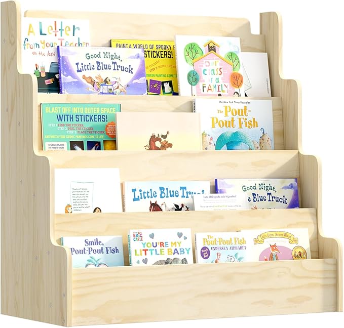 4 Tier Scalloped Kids Bookshelf Natural Wood Toddler Book Rack Nursery Bookcase Playroom Coloring Book Magazine Display Storage Shelf Organizer Classroom Library Homeschooling (Normal)
