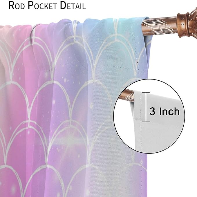 Mermaid Blackout Curtains, Kids Cartoon Blue and Pink Ocean Mermaid Scale Pattern Decoration for Girls Bedroom Nursery Curtains 63x63 Inch
