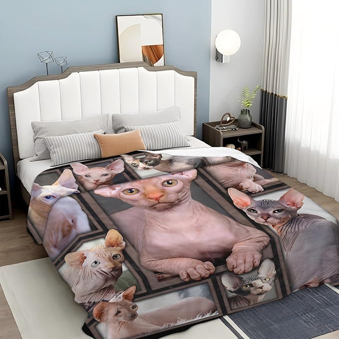 Tijuboni Sphynx Cat Throw Blanket Cat Gifts for Girls Boys Women Men Kids Adults Soft Flannel Fleece Blanket for Couch Sofa Bed Home Decor 50"x60"