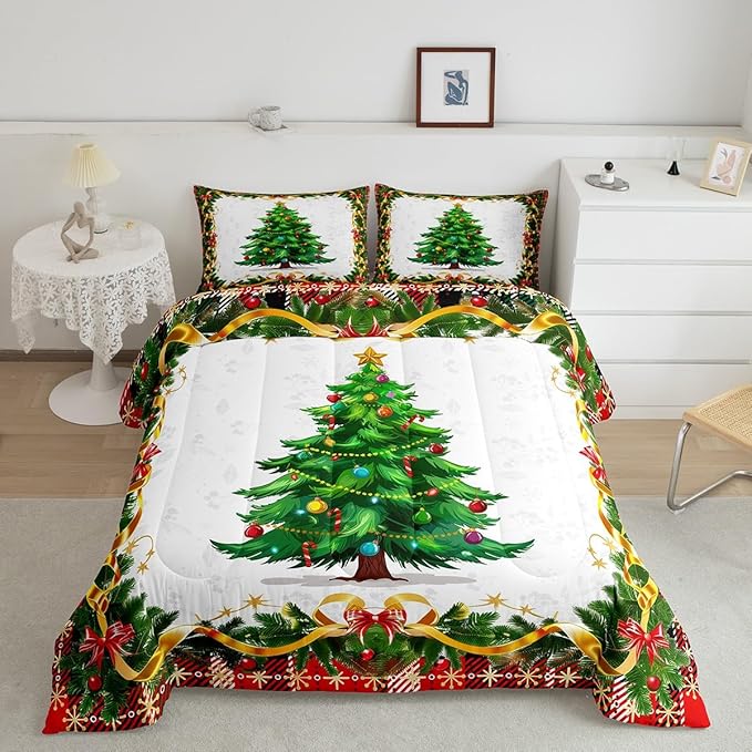 Christmas Tree Comforter Set King Size,Merry Christmas Duvet Insert for Kids Boys Girls Room Decor,Snowflake Bowknot Green Pine Leaves Bedding Set 3Pcs,Xmas Plaid Patchwork Quilt Set,2 Pillowcases