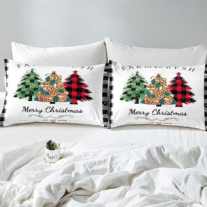 Manfei Christmas Tree Duvet Cover Set Full Size, New Year Theme Comforter Cover with 2 Pillowcases, Leopard Plaid Print Xmas Bedding Set 3pcs for Kids Boys Girls Bedroom Decor,No Comforter