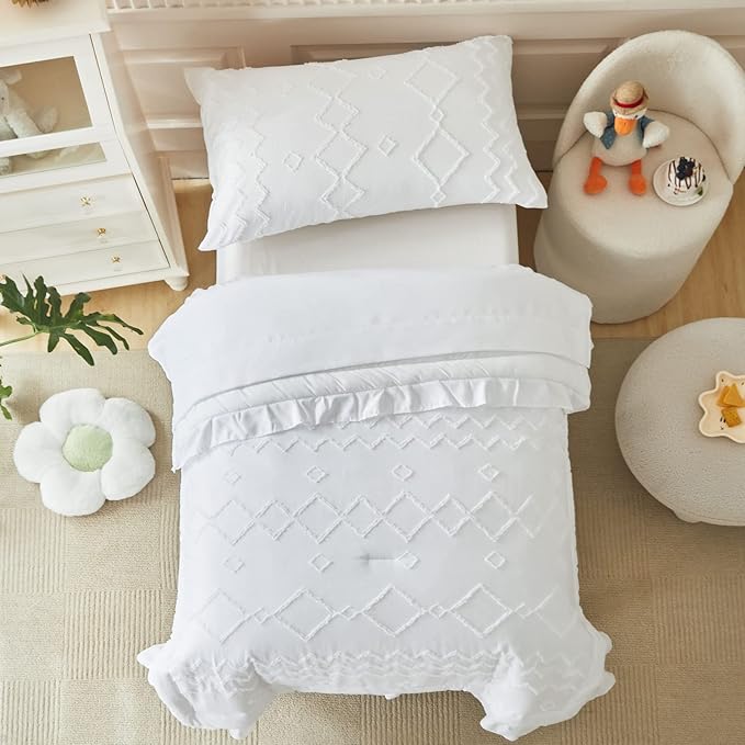 AIKASY Toddler Bedding Set 4 Pieces Super Soft Comforter Set, Shabby Boho Bohemian Design for Boys and Girls（Ruffle Fringe Comforter, Flat Sheet, Fitted Sheet and Pillowcase）- White