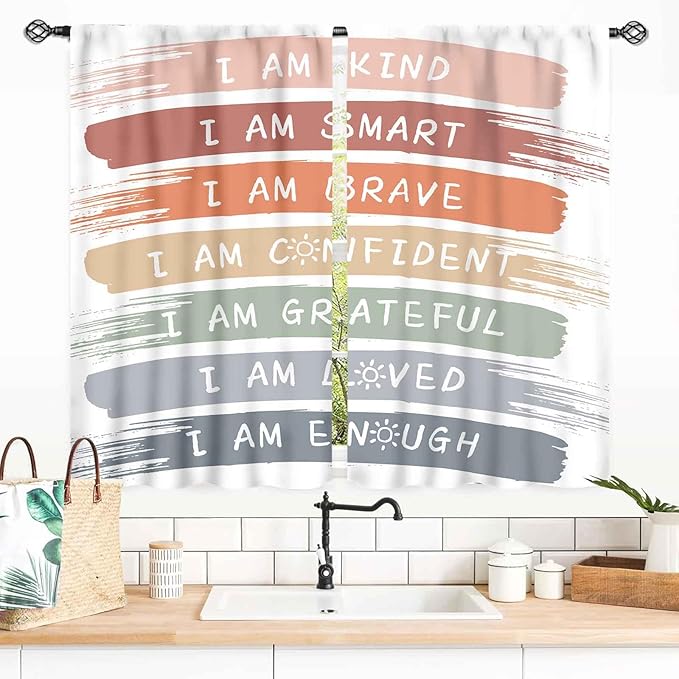 Rainbow Curtains for Classroom, Kids Girls Baby Boho Cute Inspirational Motivational Quotes Cartoon Colorful Pastel Nursery Classroom Bedroom Living Room Bathroom Window Drapes 2 Panels, 55x39 Inch