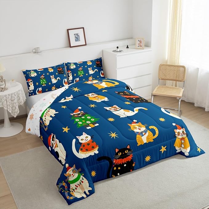 Erosebridal Merry Christmas Kids Cartoon Bedding Set Full Size Cute Cat Comforter Set Xmas Tree Quilts for Teens Boys Girls Room Decor,Kawaii Animals Duvet Insert,Blue
