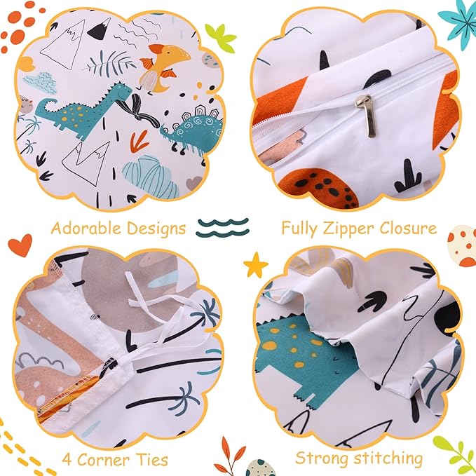 JSD Dinosaur Kids Duvet Cover Set Queen Size, 3 Piece Soft Printed Microfiber Bedding Comforter Cover with Pillow Sham Zipper Closure, Comforter Not Included