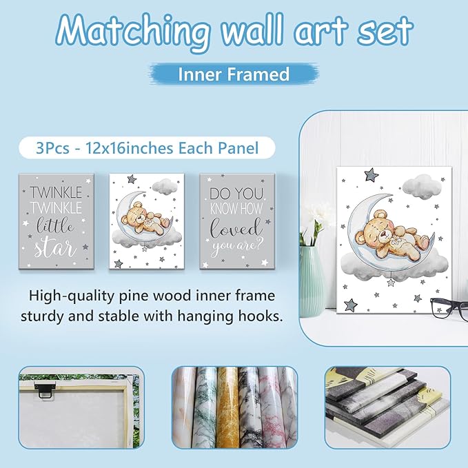 Personalized Baby Crib Bedding Set with Name, 5 Pcs Grey Bear Baby Crib Set for Infants Toddlers, Double Layer Nursery Bedding, Infant Toddler Newborns Customized Gifts, Crib Accessories