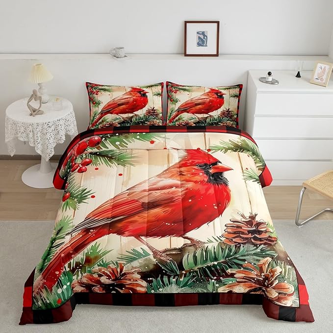 jejeloiu Kids Red Cardinal Comforter Set King Size Christmas Red Black Plaid Bedding Set for Boys Girls Teens Xmas Birds Winter Rustic Wood Plank Animal Duvet Quilt Room Decor