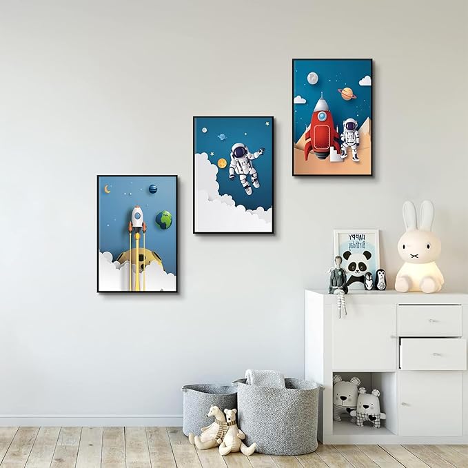 3Pcs Astronaut Canvas Wall Art Nursery Space Adventure Wall Decor Whimsical Space Themed Posters Artwork Rocket Spaceship Prints Pictures for Kids Room Boys and Girls Bedroom (12x16in Poster)